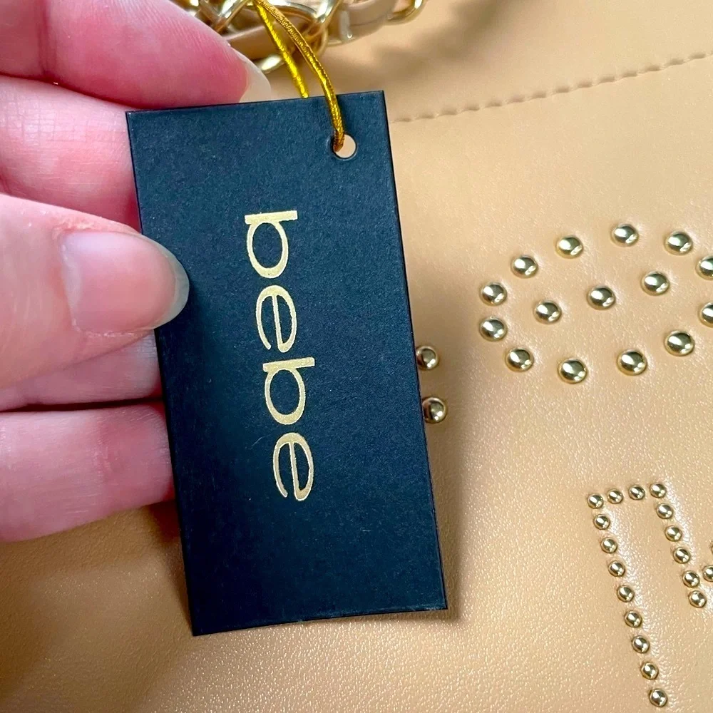 Bebe tan tote with beaded branding and card case